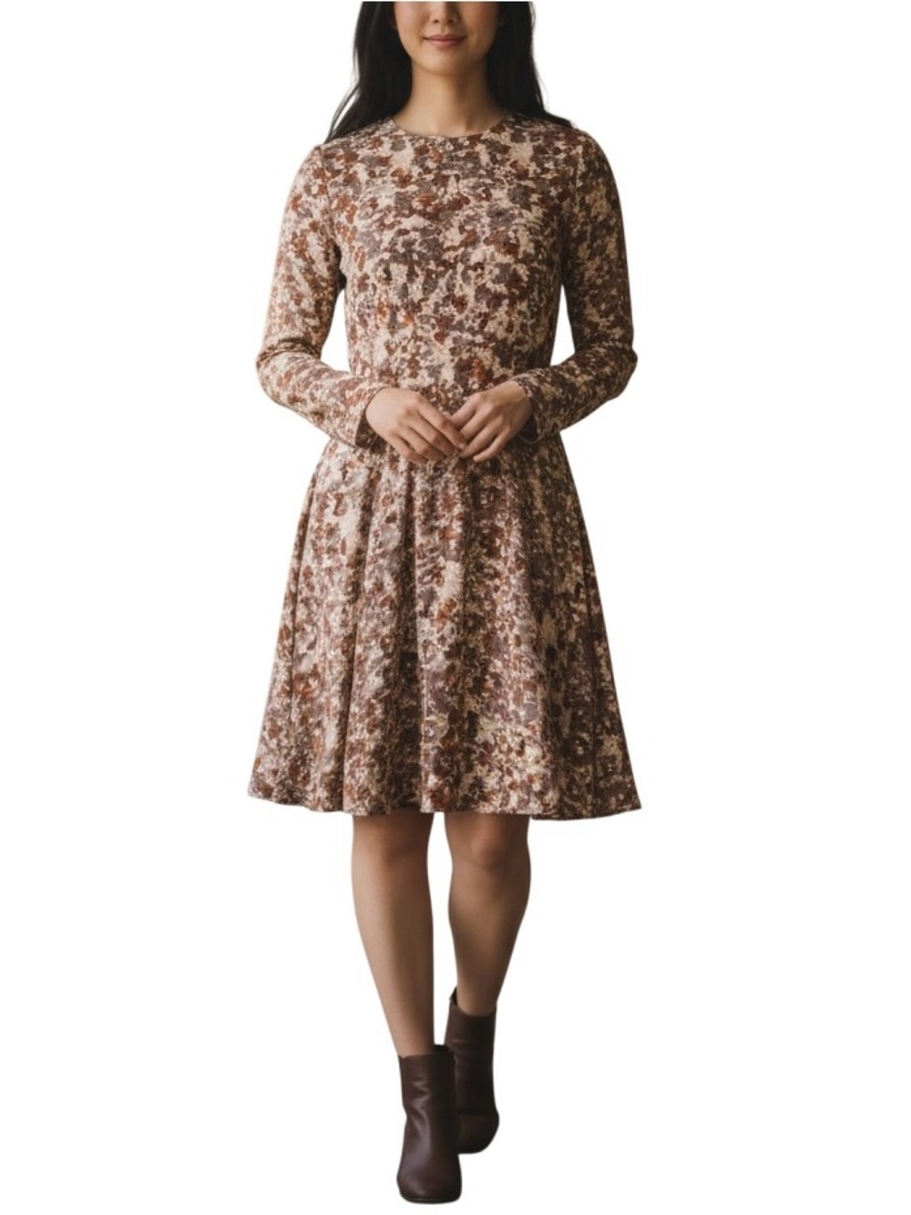 H&M Brown Floral Long-Sleeve Fit & Flare Dress